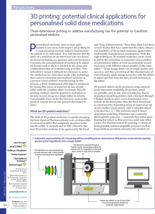 Potential clinical applications for personalised solid dosemedications Potential clinical applications for personalised solid dosemedications